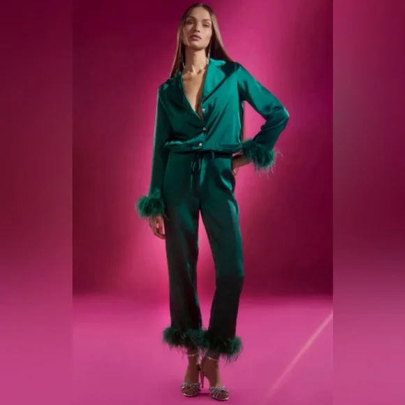 NADINE MERABI Emerald Green Feather Trim Satin Pajama Top - Picture 5 of 6